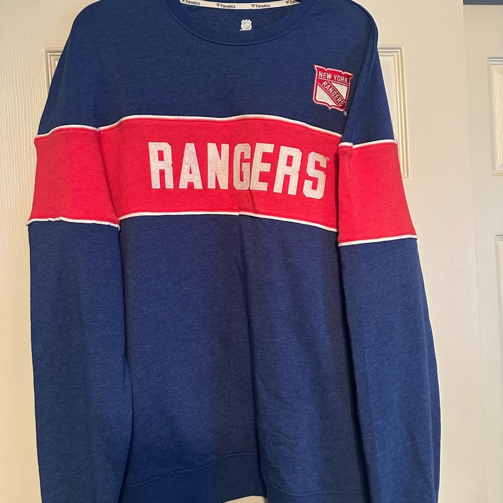 Fanatics Blue and Red Rangers Crewneck Sweater